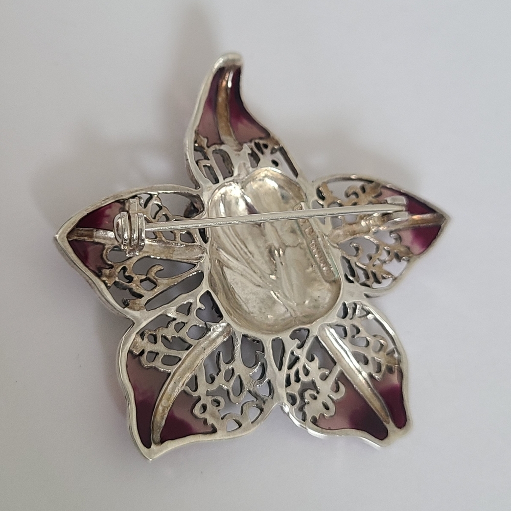 Vintage Boho Sterling Silver Marcasite Crystal Enamel Orchid Flower Brooch Pin - Picture 6 of 9